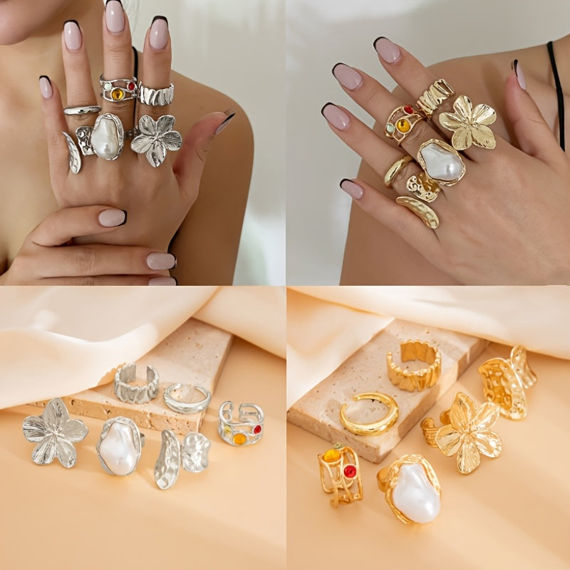 6pcs set of fashionable open ring sets, adjustable in size, suitable for many people to wear high-end rings, beautiful when worn alone or stacked, exquisite gift for friends, bohemian style jewelry combination